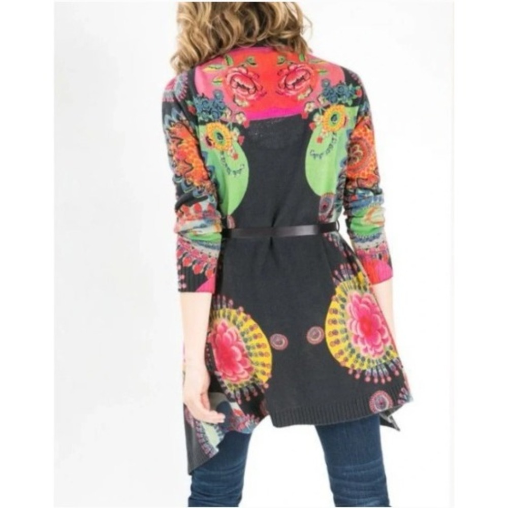 Desigual Floral Mandala Belted Cardigan Sweater Rhinestone Embellished Gray S